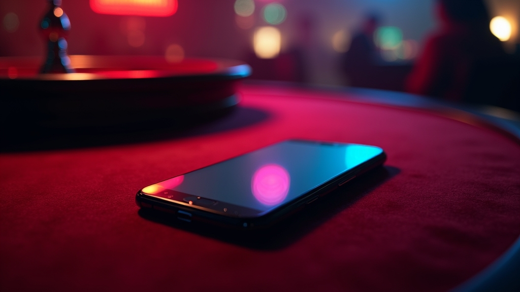 Smartphone showing app download options in a neon casino setting