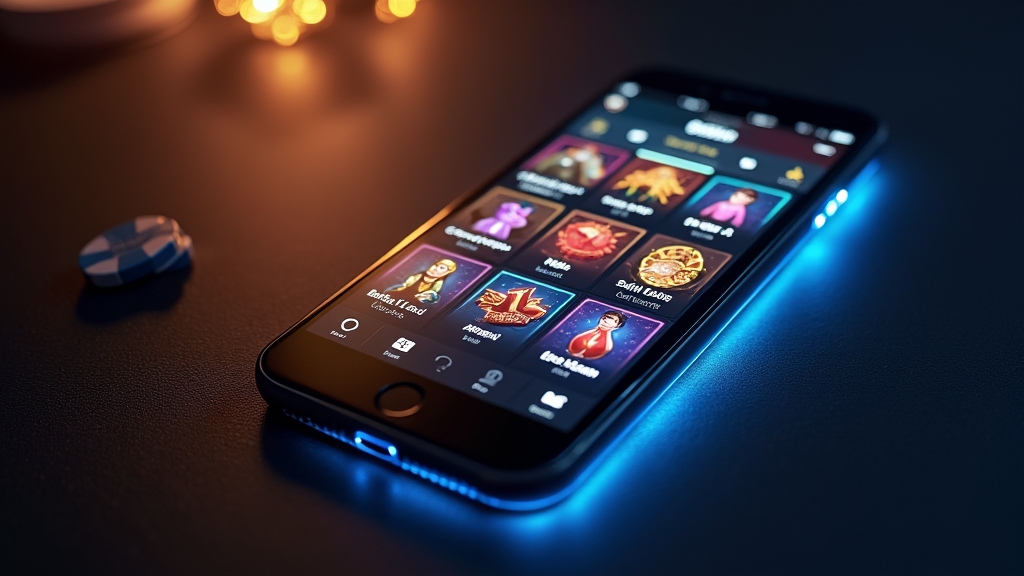 Casino app feature icons on a glowing smartphone in a lounge