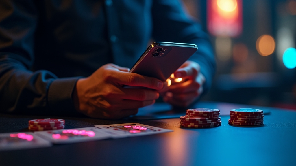 Player confirming a casino deposit on a phone in a neon-lit casino setting