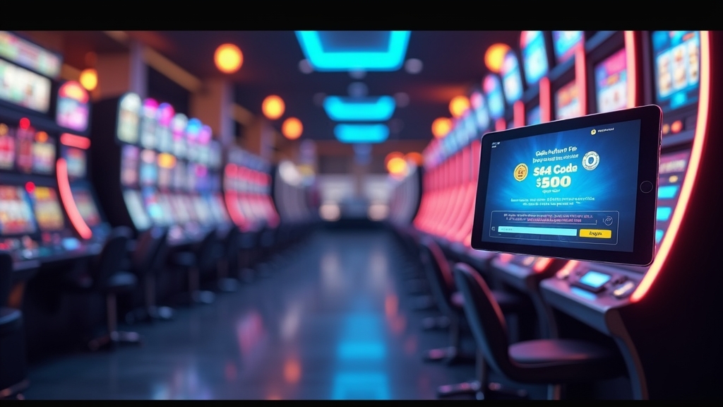 Casino lobby with a bonus code panel, chips, and glowing slot machines